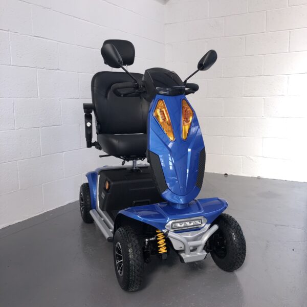 Vogue XL Mobility Scooter in bright blue with 4 wheels and large comfy leather seating