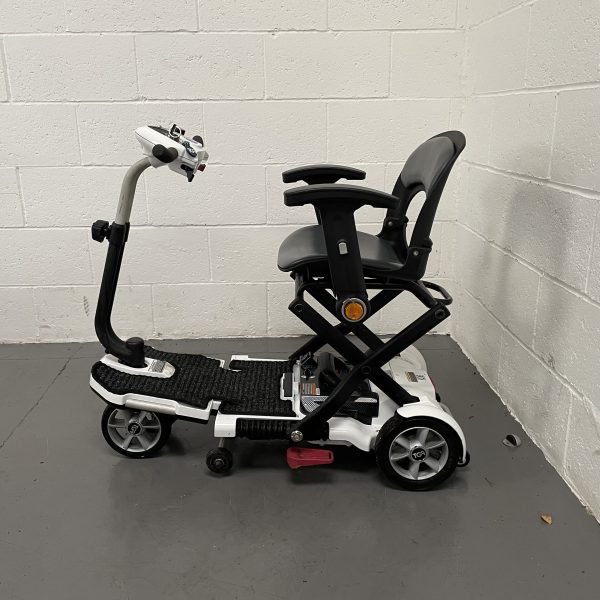 white 4 wheeled scooter with black seat