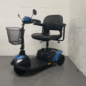 side profile, 3 wheeled scooter in blue and black, basket at front